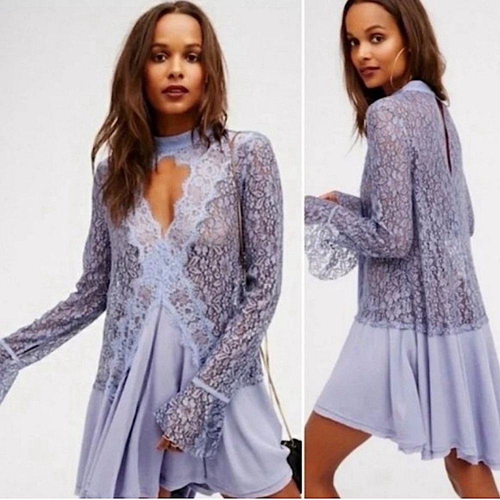 Free People Tell Tale Lace Dress Long Sleeve Violet Flare Swing. Size M